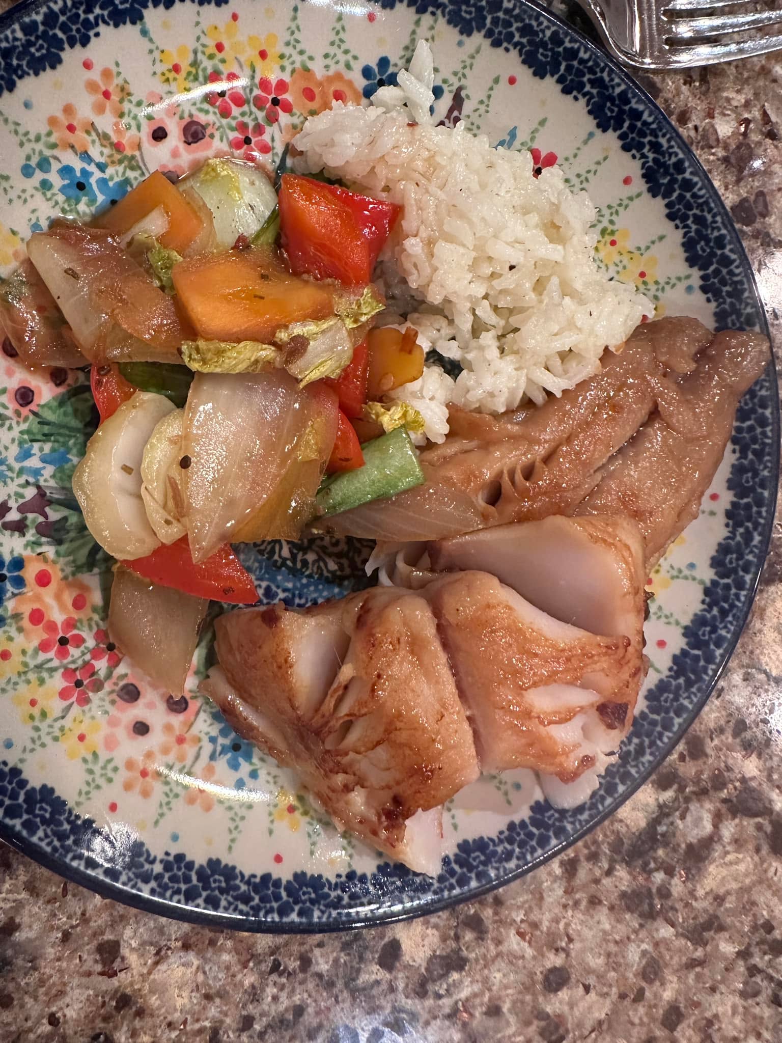 Dinner. I marinated the cod for almost 2 days. Some rice and stir fry: perfection.